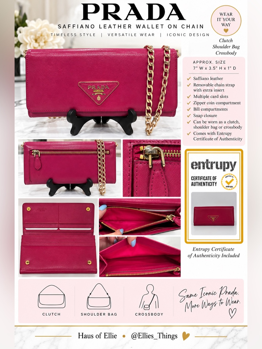 Prada Saffiano Fuchsia Pink Wallet Crossbody Entrupy Authenticated